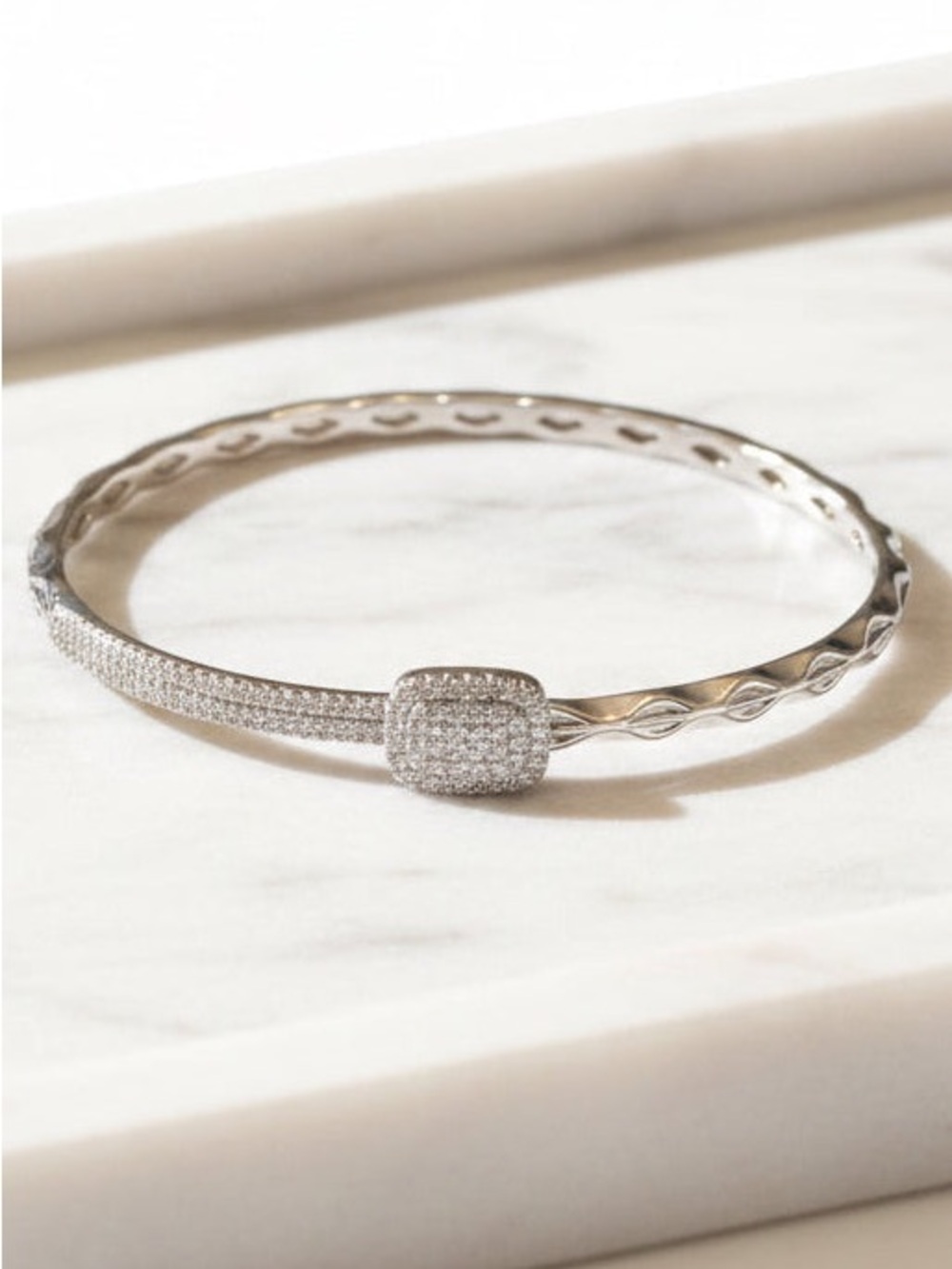 Sterling Silver Pavé Square Accent Bangle Bracelet - Silver - Picture 1 of 2